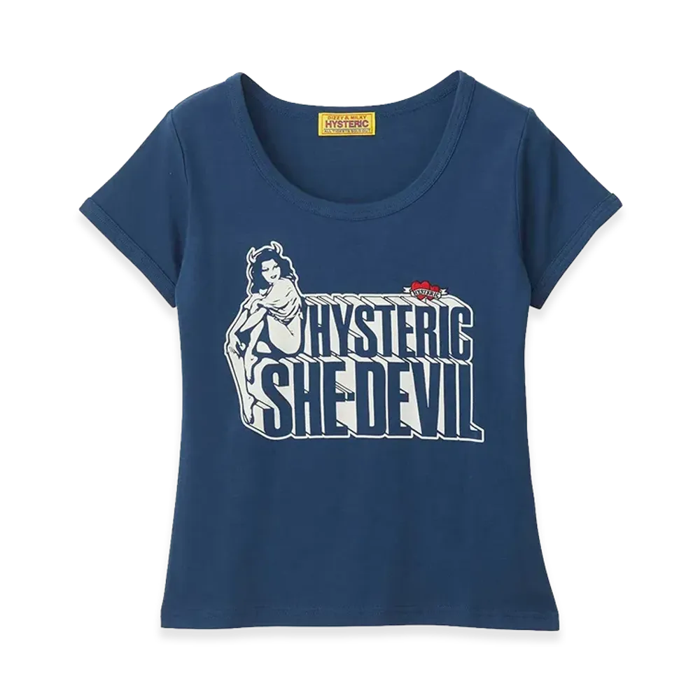 HYSTERIC GLAMOUR Women's She Devil Heart Embroidered Mini Tee "Navy Other"
