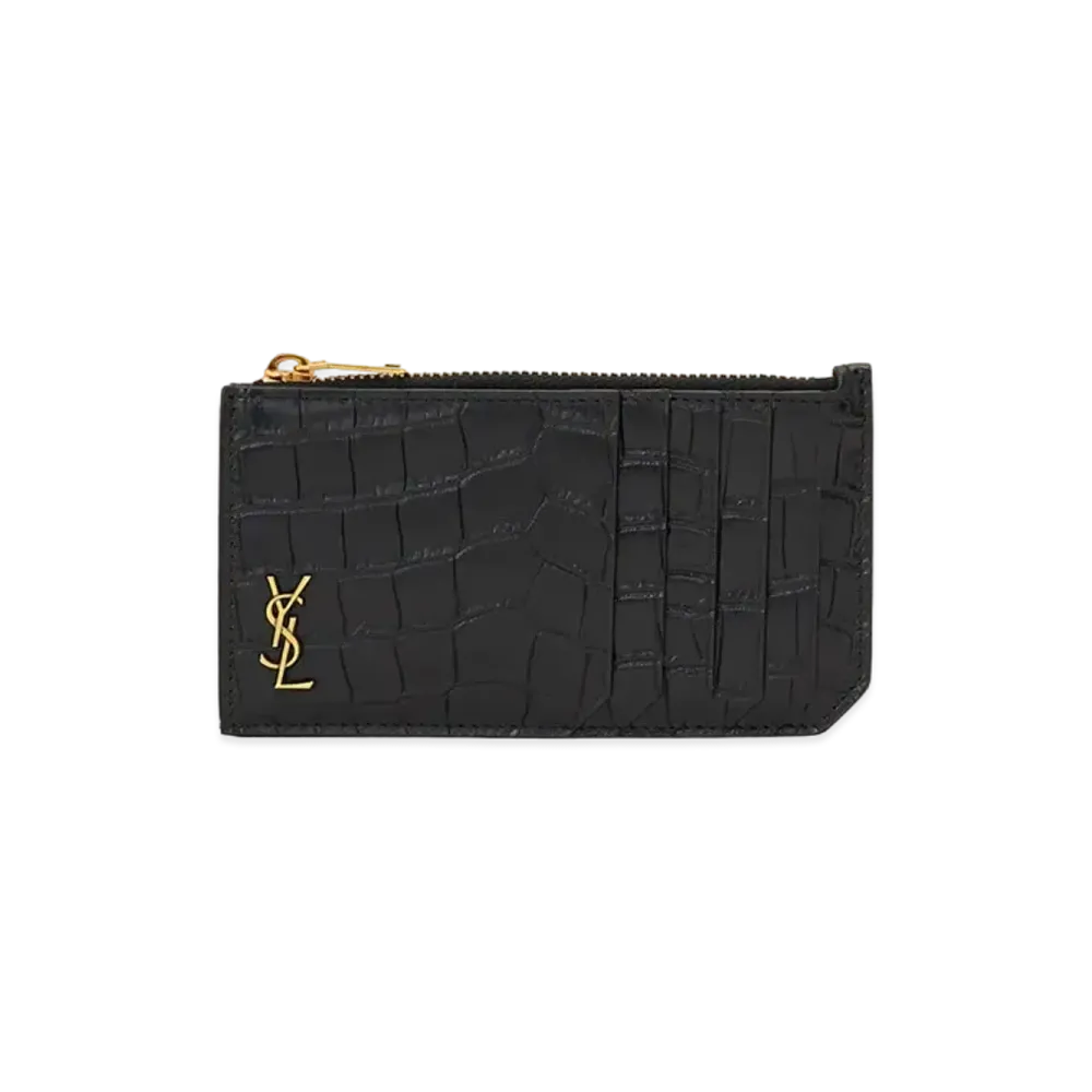 Saint Laurent Tiny Cassandre Fragments Zip Card Case In Crocodile-Embossed Matte Leather "Black"