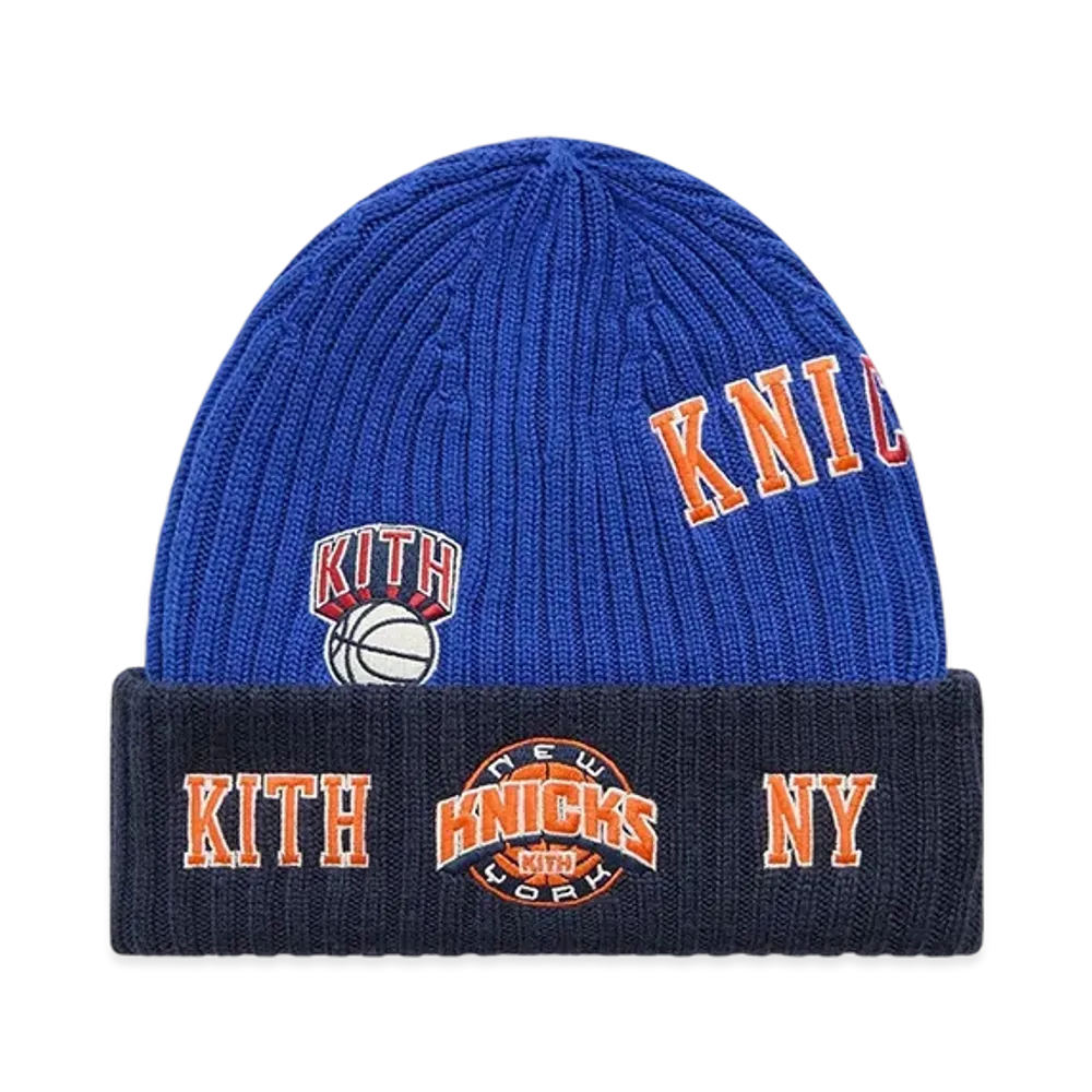 Kith x New Era for the New York Knicks All Over Patches Knit Beanie "Royal"