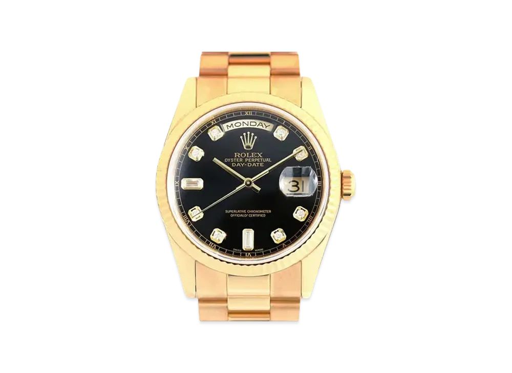 ROLEX Day-Date 8P Diamonds/2P Baguette Diamonds "Black/Yellow Gold"