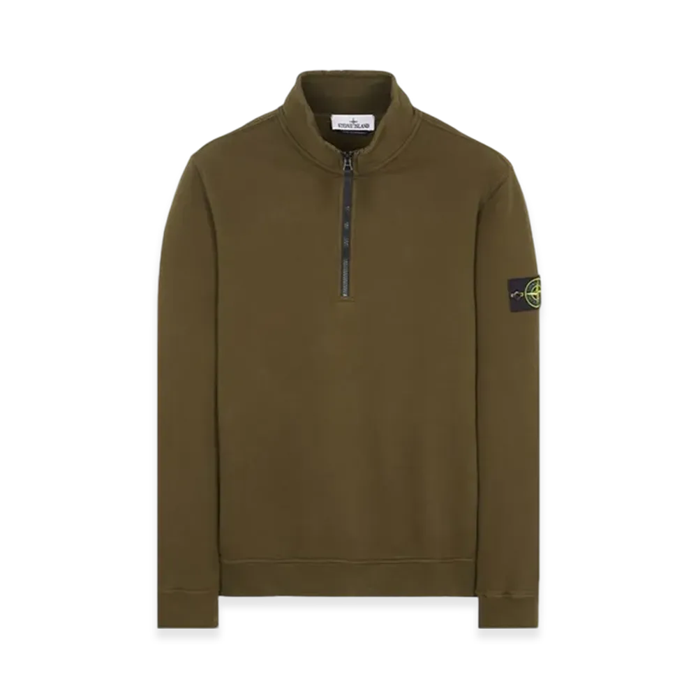 Stone Island 62720 Brushed Cotton Fleece Garment Dyed Half Zip Up Sweatshirt - 23FW "Olive Green"