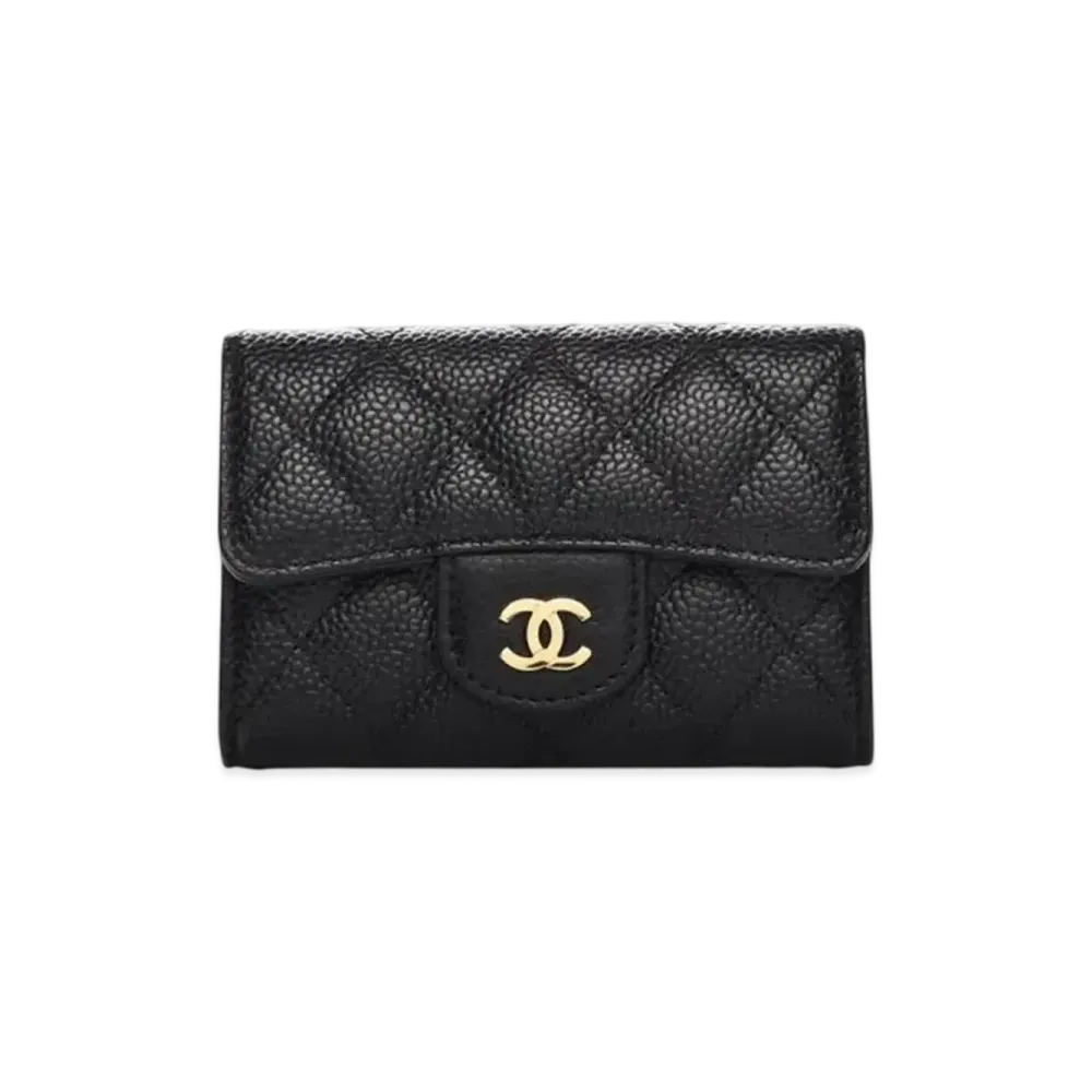 CHANEL Matelasse Caviar Skin Quilted Card Case "Black/Gold"