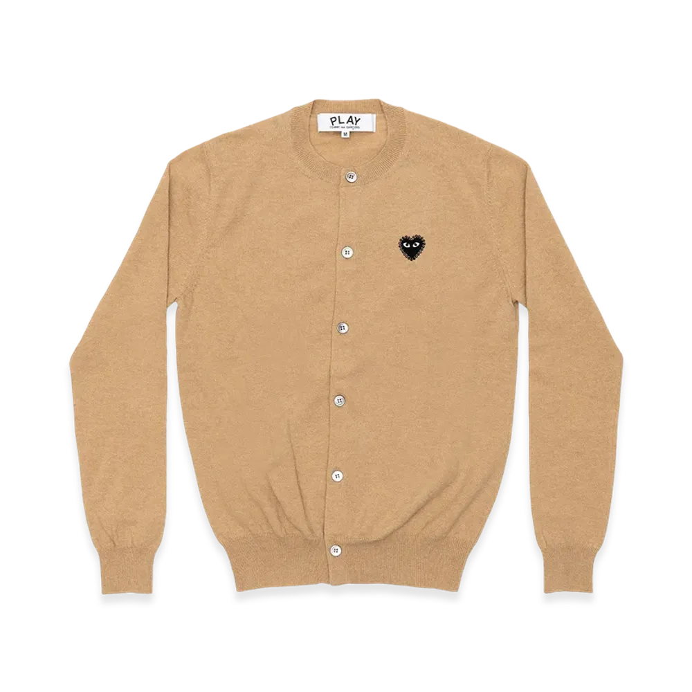 PLAY COMME des GARCONS Unisex Round Neck Cardigan with Emblem x Rhinestone "Top Light Camel"