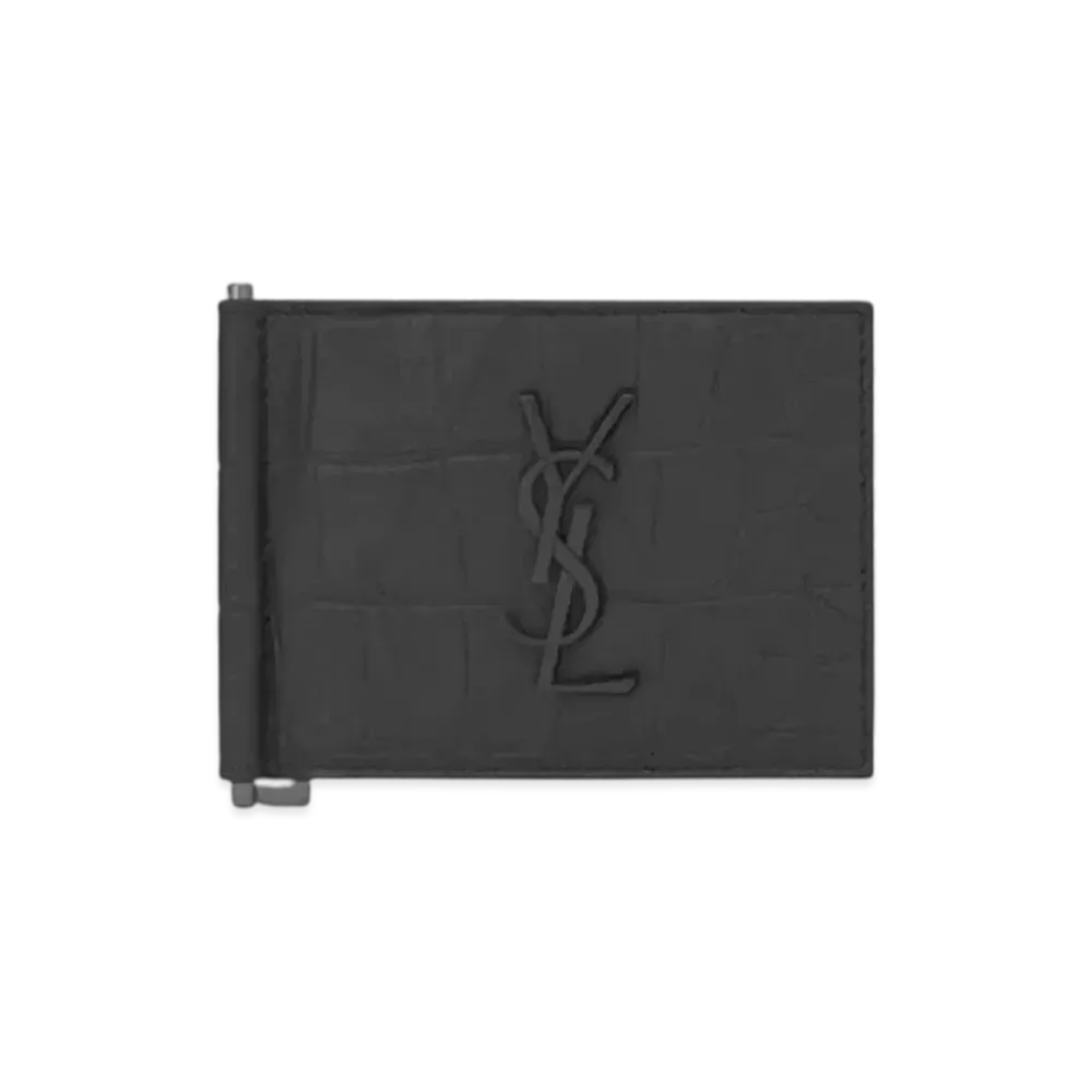 Saint Laurent Cassandre Bill Clip Wallet In Crocodile Embossed Leather "Black"