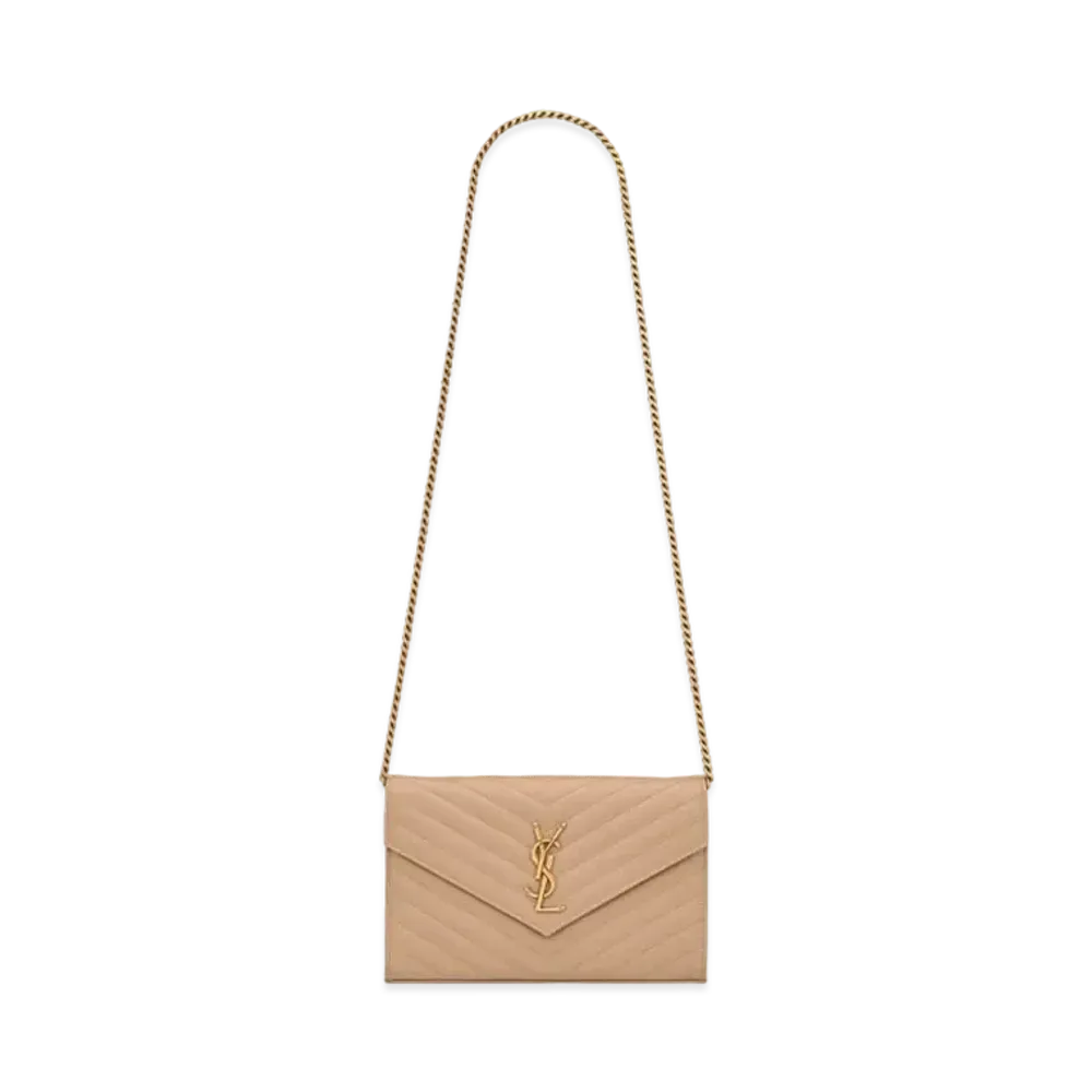Saint Laurent Monogram Chain Wallet In Grain De Poudre Embossed Leather "Dark Beige"