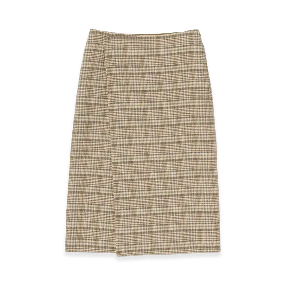 AURALEE Women's Silk Linen Nep Check Wrap Skirt "Ivory Beige Check"