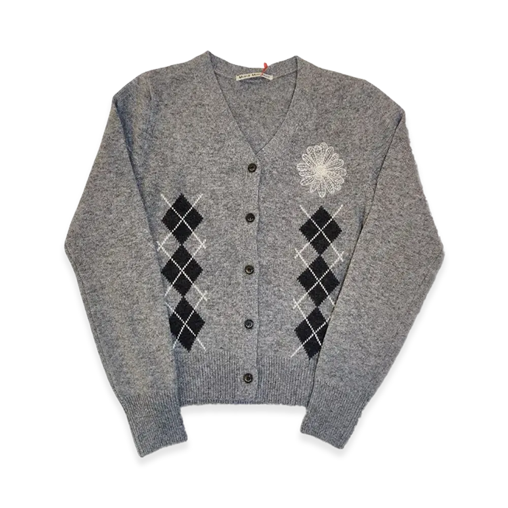 Mardi Mercredi Cashmere Blended Cardigan V Neck Argyle "Grey Cream"