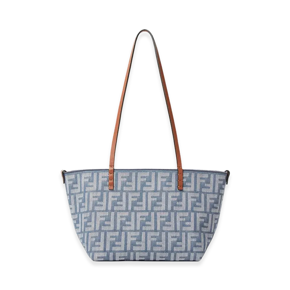 FENDI Women's Small Roll Denim-Effect FF Jacquard Reversible Shopper "Blue"