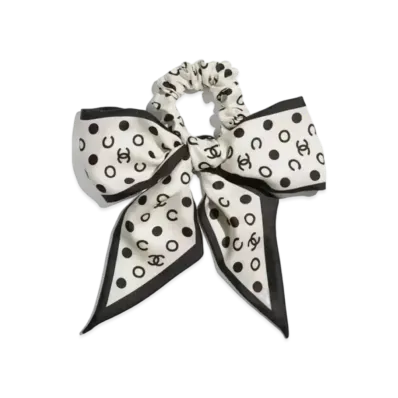 CHANEL Ribbon Dot Scrunchie "Ivory/Black"