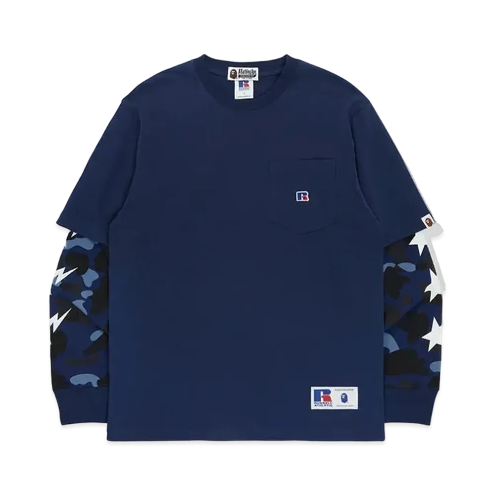 A BATHING APE x RUSSELL Color Camo College Layerd L/S Tee "Navy"