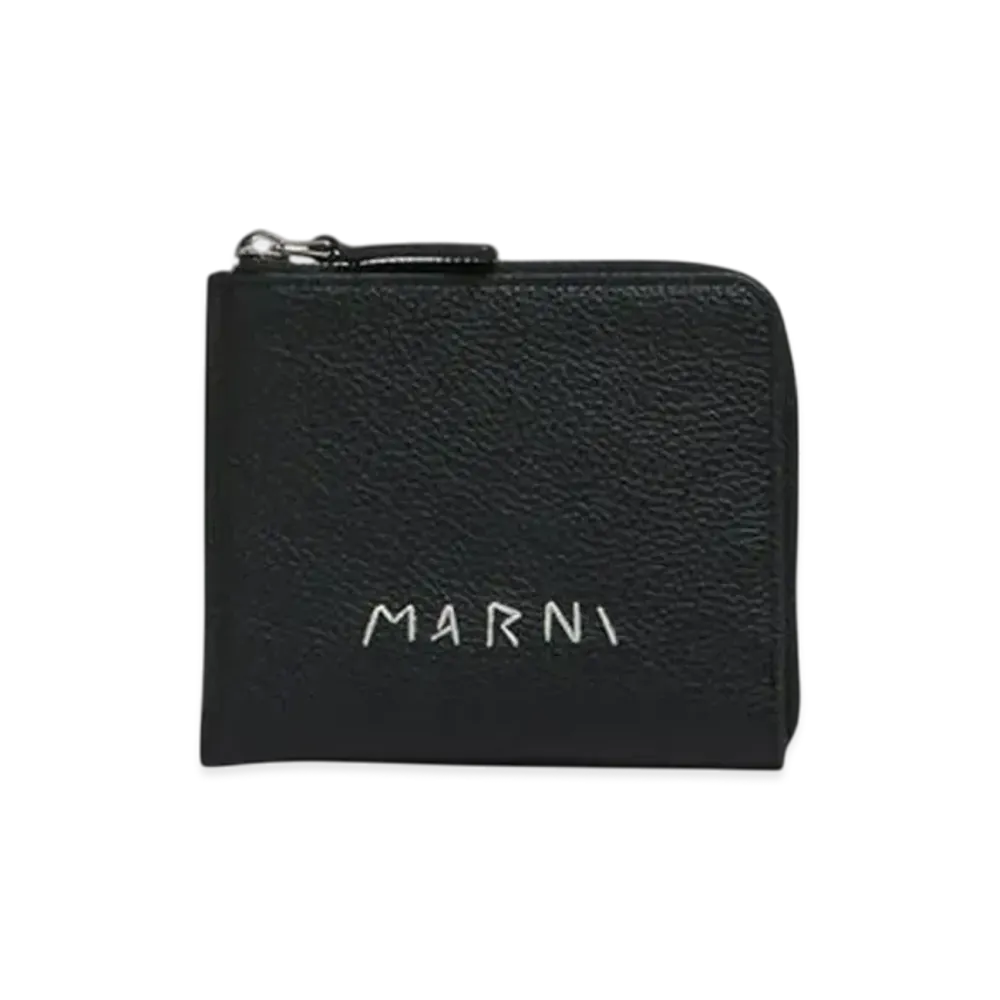 Marni Leather Zip-Around Wallet with Marni Mending Embroidery "Black"