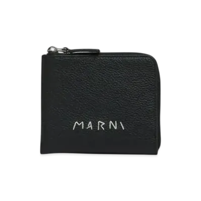 Marni Leather Zip-Around Wallet with Marni Mending Embroidery "Black"
