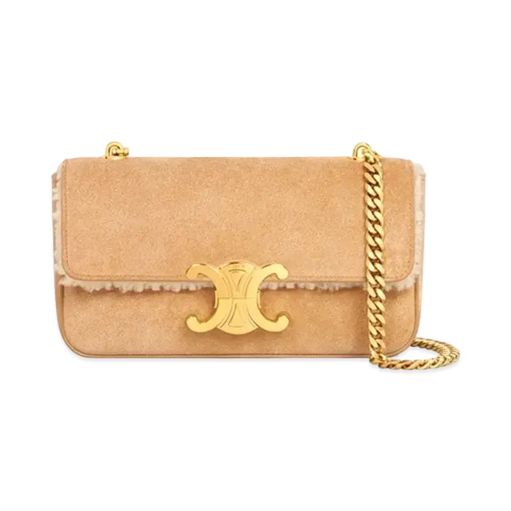 CELINE Chain Shoulder Bag Triomphe In Suede Calfskin And Shearling "Natural"