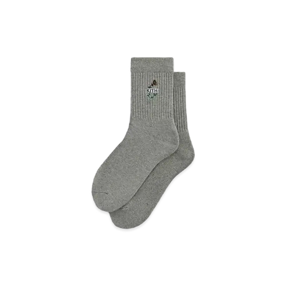 Kith Butterfly Box Logo Mid Crew Socks "Heather Grey"