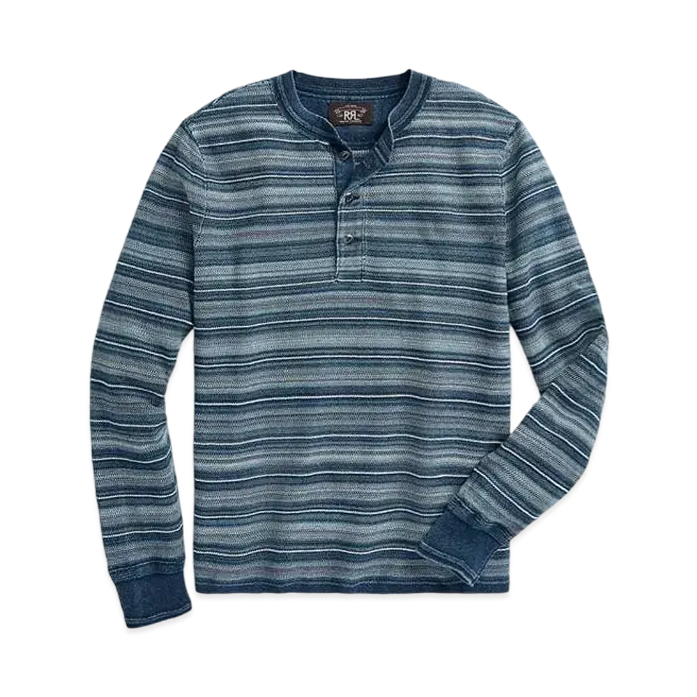 RRL Ralph Lauren Striped Cotton Henley Sweater "Navy"