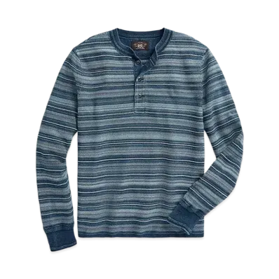 RRL Ralph Lauren Striped Cotton Henley Sweater "Navy"
