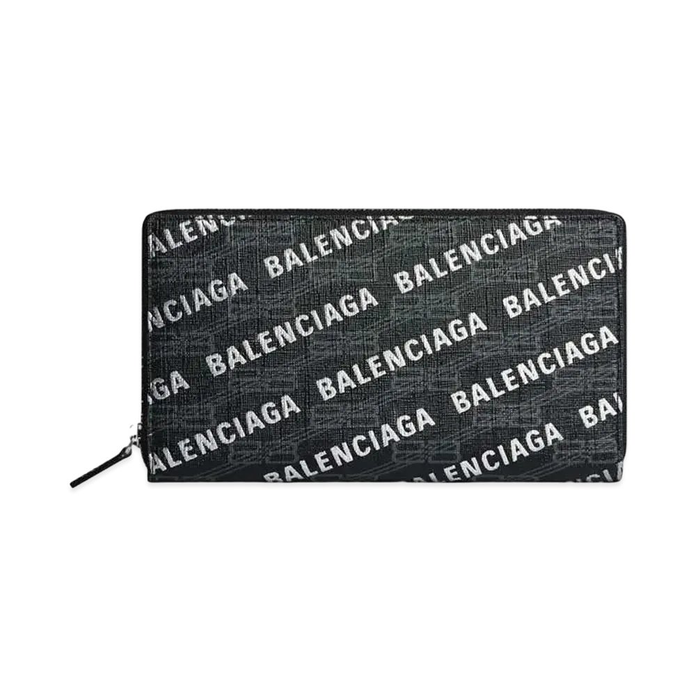 BALENCIAGA Signature Continental Wallet BB Monogram Coated Canvas Silver Print Allover Logo "Black/Grey"