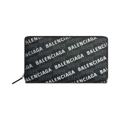BALENCIAGA Signature Continental Wallet BB Monogram Coated Canvas Silver Print Allover Logo "Black/Grey"