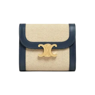 CELINE Small Triomphe Wallet in Textile with CELINE print and Calfskin "Vanilla/Navy"