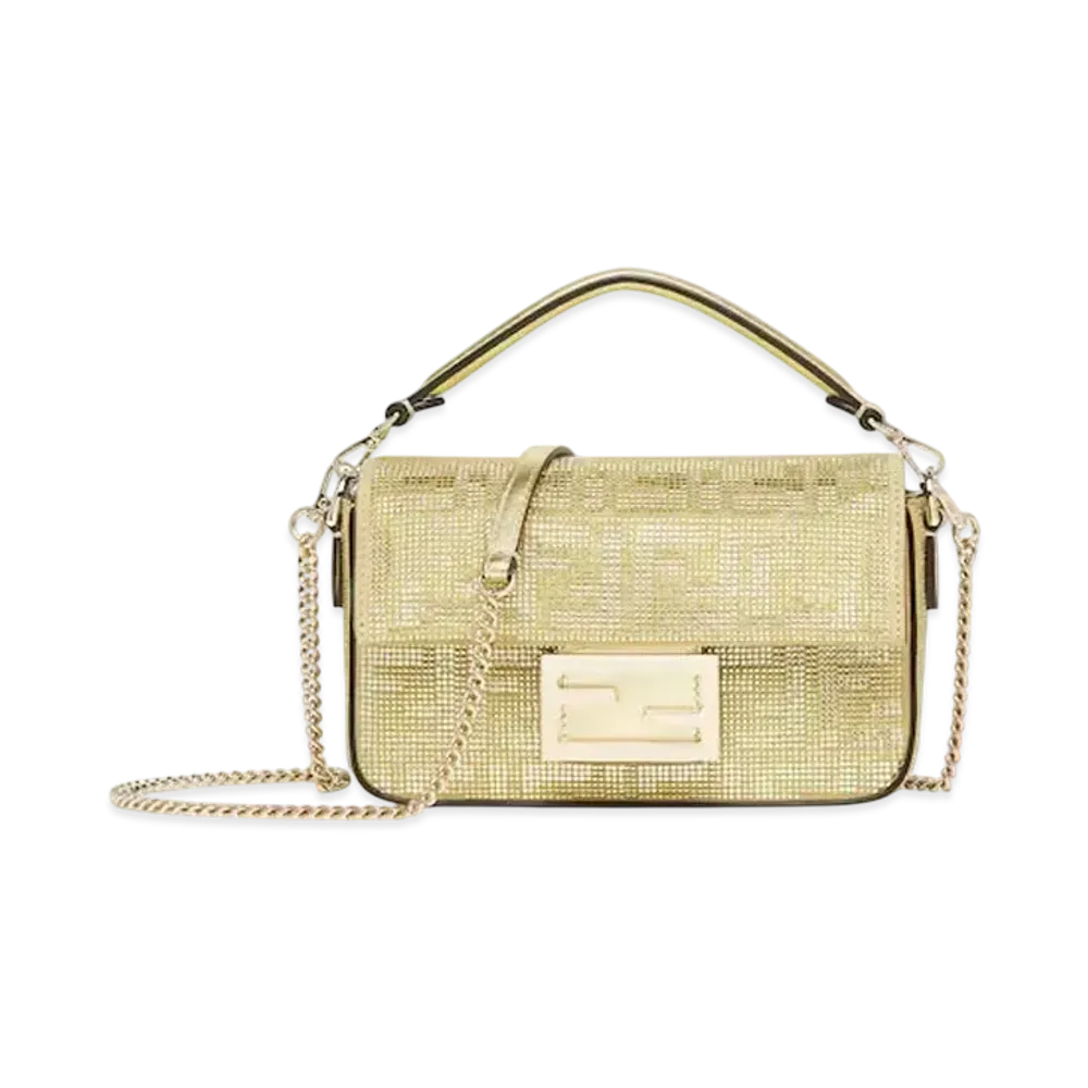 FENDI Baguette Mini Suede Bag with FF in Crystals and Studs "Gold"
