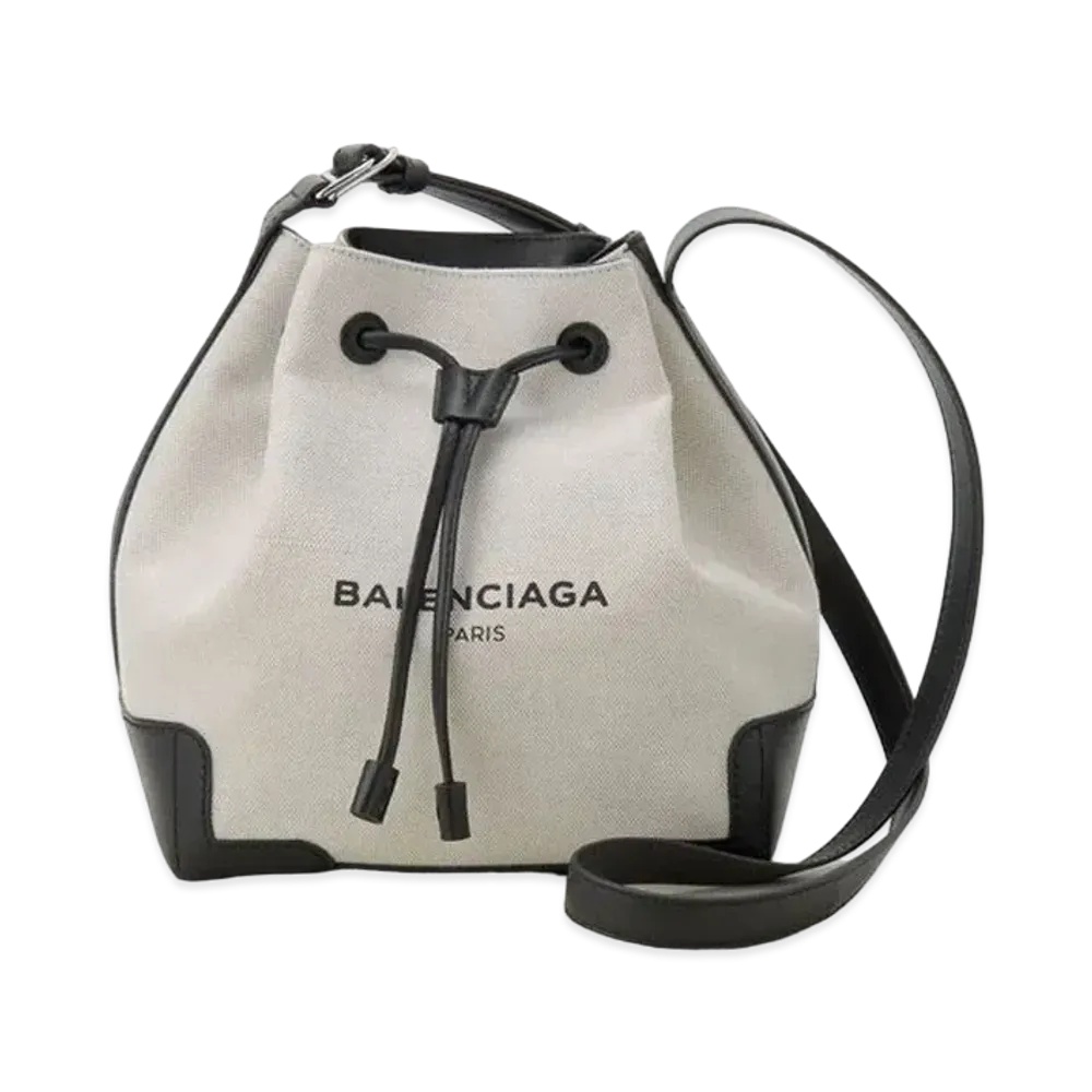 BALENCIAGA Navy Bucket Shoulder Bag "Off White"
