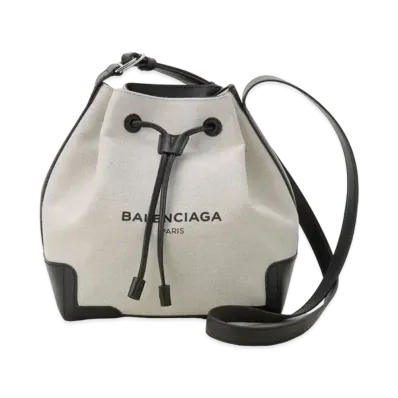 BALENCIAGA Navy Bucket Shoulder Bag "Off White"