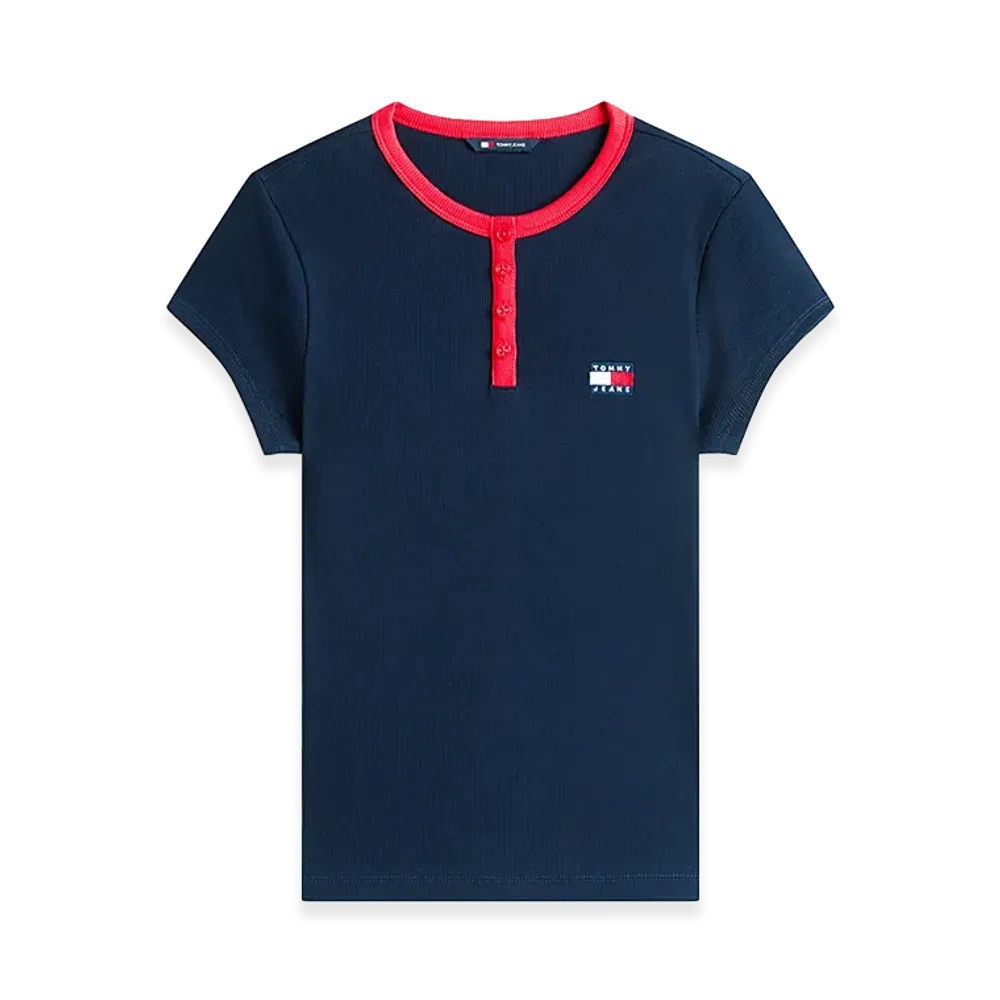 TOMMY HILFIGER Women's Tommy Badge Henley Ribbed Slim T-Shirt "Dark Blue"