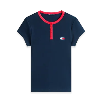 TOMMY HILFIGER Women's Tommy Badge Henley Ribbed Slim T-Shirt "Dark Blue"