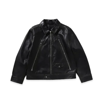 A BATHING APE Washed Leather Biker Jacket "Black"