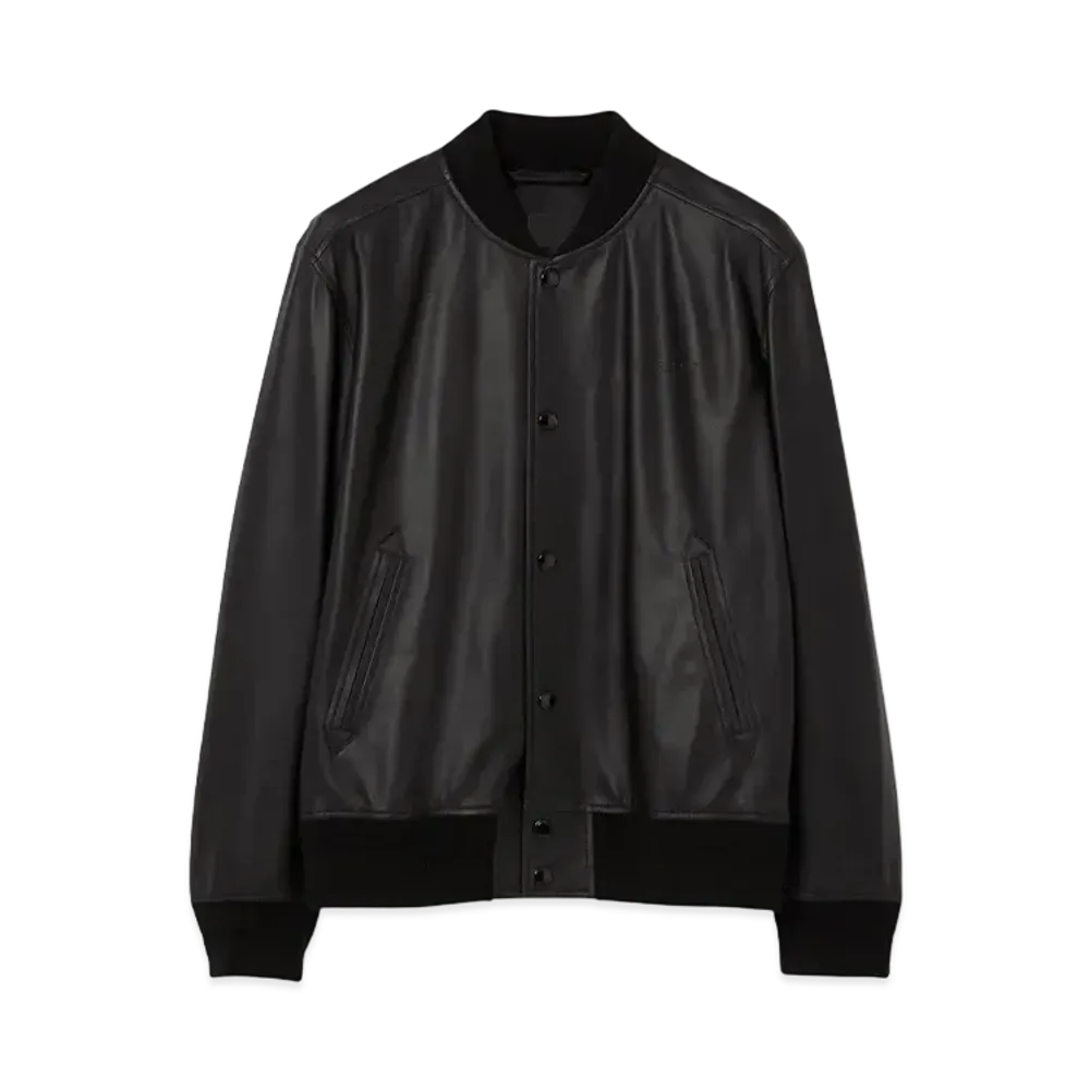 Burberry Men's Logo Embossed Leather Bomber Jacket "Black"