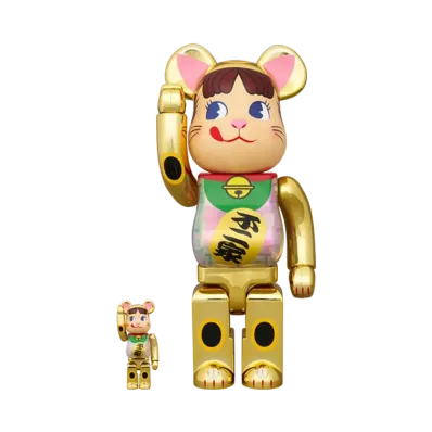 MEDICOM TOY "BEARBRICK" Lucky Cat Peko-chan Gold Plated Luminous Milky 100% & 400%