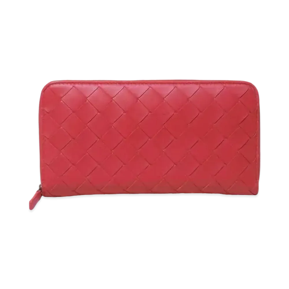 Bottega Veneta Intrecciato Lambskin Calfskin Zip Around Wallet "Bright Red/Rosa"
