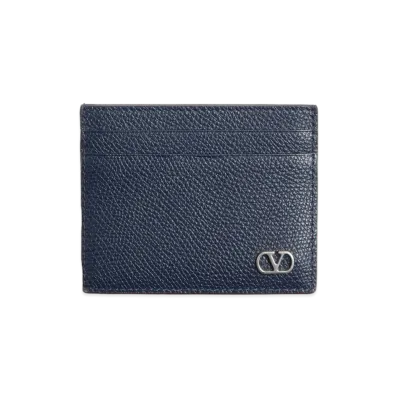 Valentino V Logo Signature Garnet Calfskin Card Holder "Dark Blue"