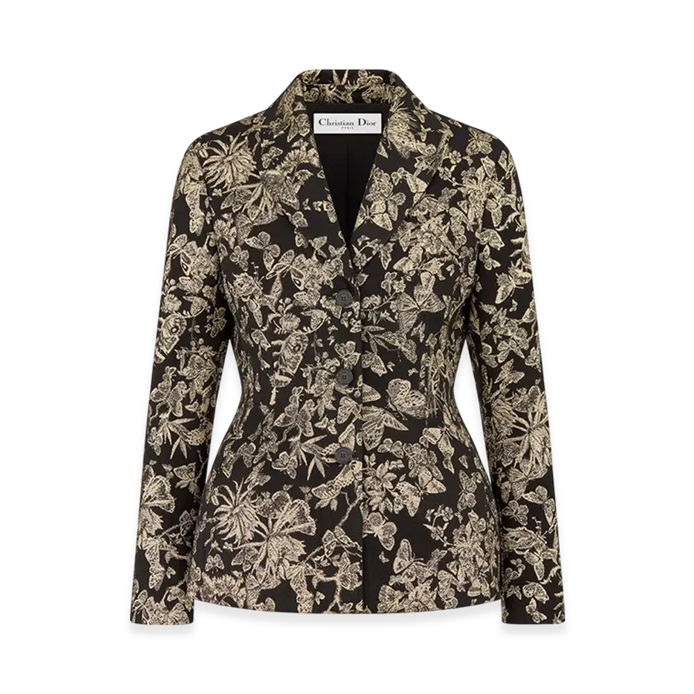 Dior Women's Fitted Jacket Technical Jacquard Allover Butterfly Motif "Black/Gold"