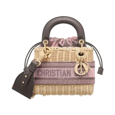 Dior Mini Lady Bag Natural Wicker Toile De Jouy Sauvage Cotton Canvas "Pink Gray"