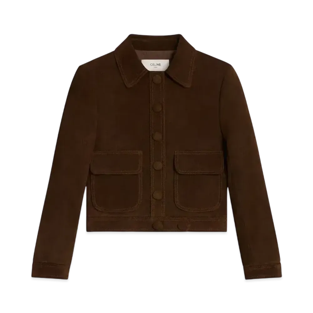 CELINE Women's Straight-Cut Blouson Jacket in Suede "Espresso"