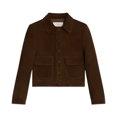 CELINE Women's Straight-Cut Blouson Jacket in Suede "Espresso"