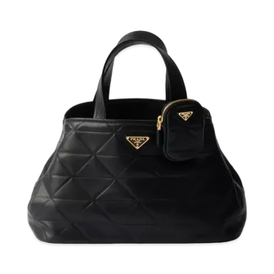 PRADA Medium Leather Tote Bag with Stitching "Black"
