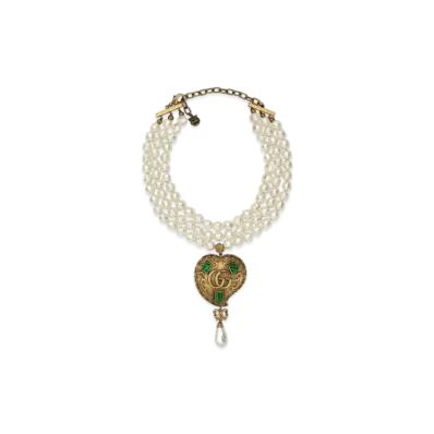 GUCCI Heart Pendant Pearl Necklace "Gold"
