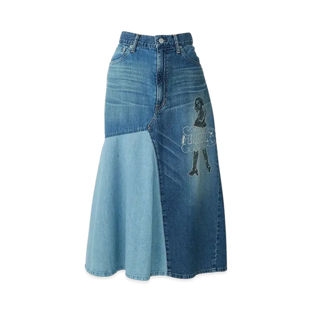HYSTERIC GLAMOUR Vixen Girl Embroidered Scratched Denim Skirt "Light Indigo Blue"