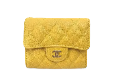 CHANEL Caviar Skin Matelasse Compact Wallet "Yellow"