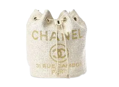 CHANEL Deauville Canvas Drawstring Bag "Cream"