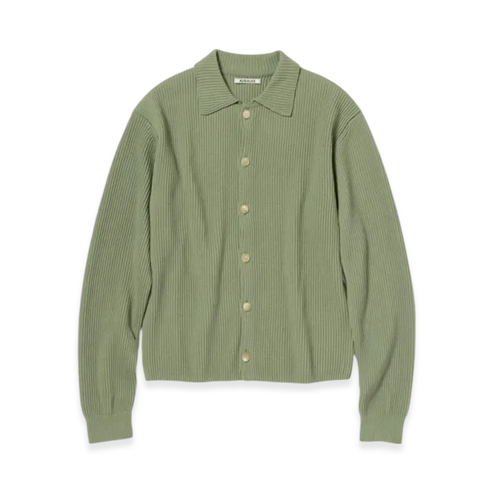 AURALEE Super Fine Wool Rib Knit Shirt Cardigan "Dusty Green"