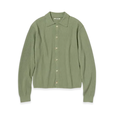 AURALEE Super Fine Wool Rib Knit Shirt Cardigan "Dusty Green"