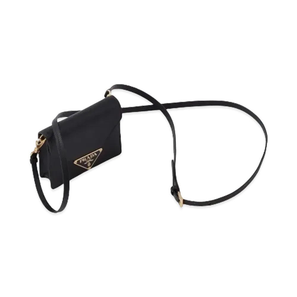 PRADA Saffiano Leather Card Holder With Shoulder Strap "Black"