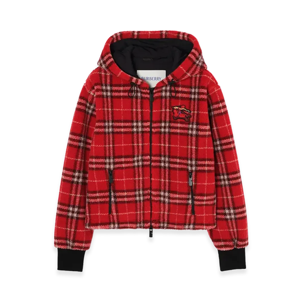 Burberry Women's Cropped Check Fleece Hooded Jacket "Crayon Red"