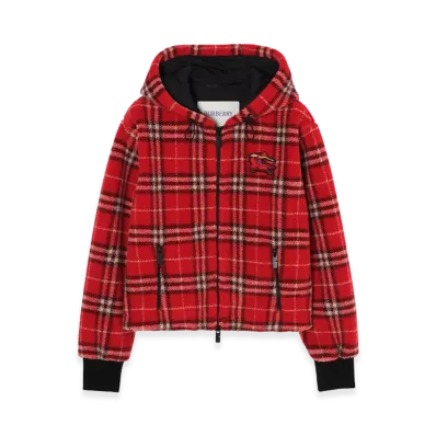 Burberry Women's Cropped Check Fleece Hooded Jacket "Crayon Red"