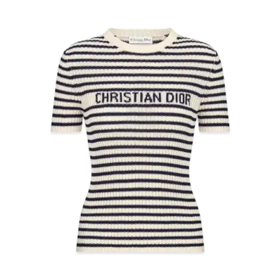 Dior Women's Dioriviera Short-Sleeved Sweater Cotton Ribbed Knit with Dior Mariniere Motif "White/Navy Blue"