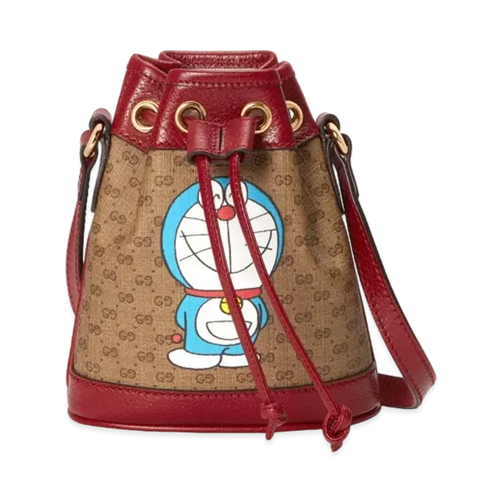 GUCCI x Doraemon Mini Bucket Bag Detail 2 "Beige/Ebony/Cherry Red"