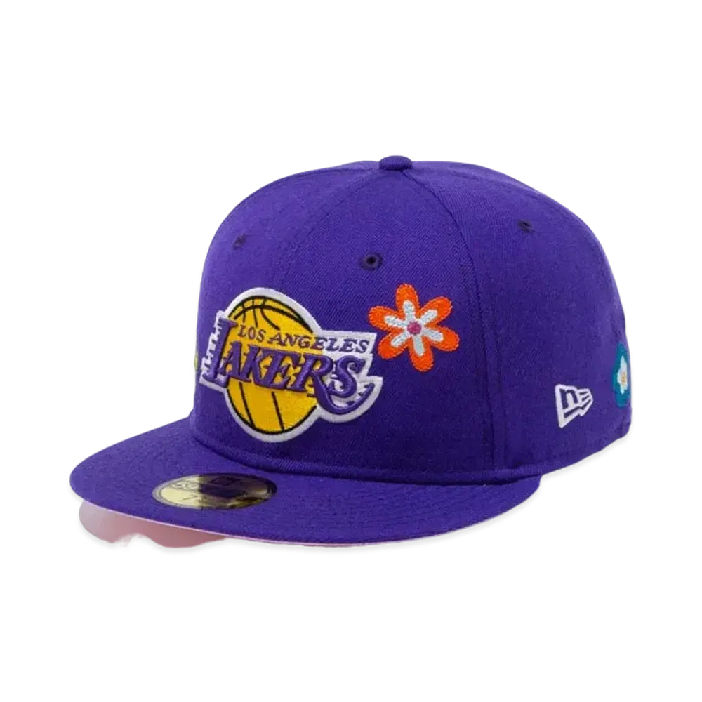 NEW ERA 59FIFTY Chain Stitch Floral Los Angeles Lakers Pink Under Visor "Purple"